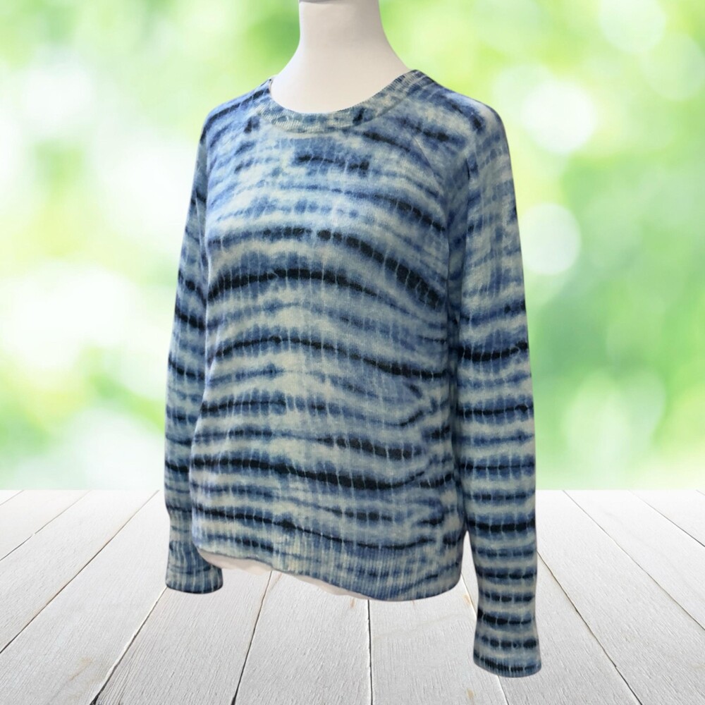 WHITE + WARREN Cashmere Tie Dye Stripe Sweater Crew Neck Pullover Blue Size XS